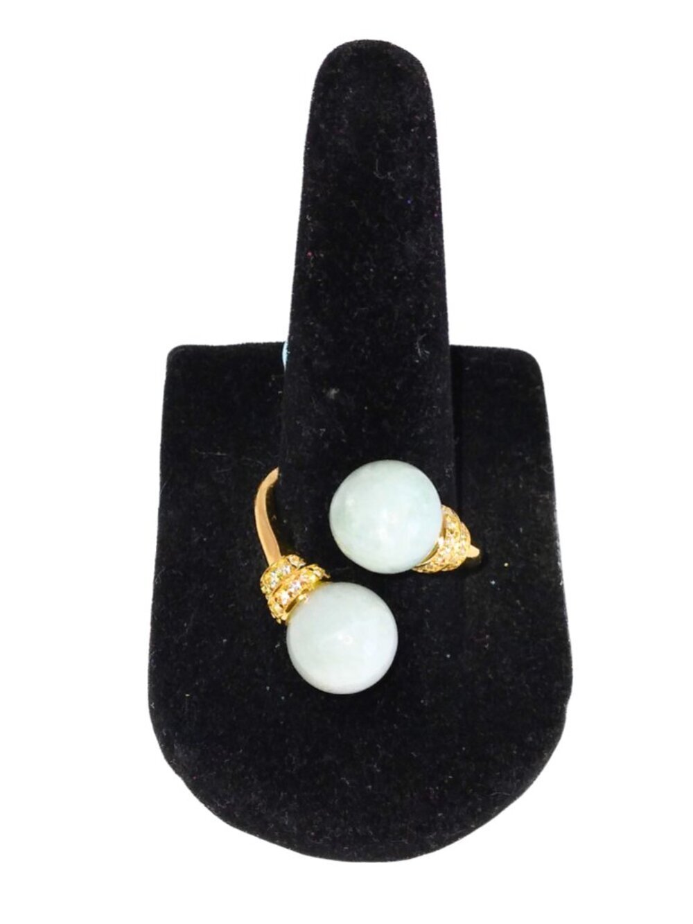 WOMEN'S 18K GOLD/STERLING SILVER JADE AND WHITE ZIRCON COCKTAIL RING - SIZE 7